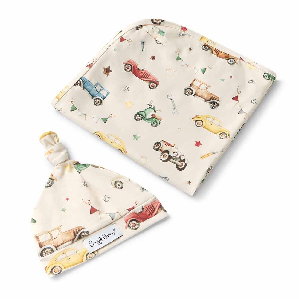 Snuggle Hunny - Vintage Cars Organic Jersey Wrap & Beanie Set