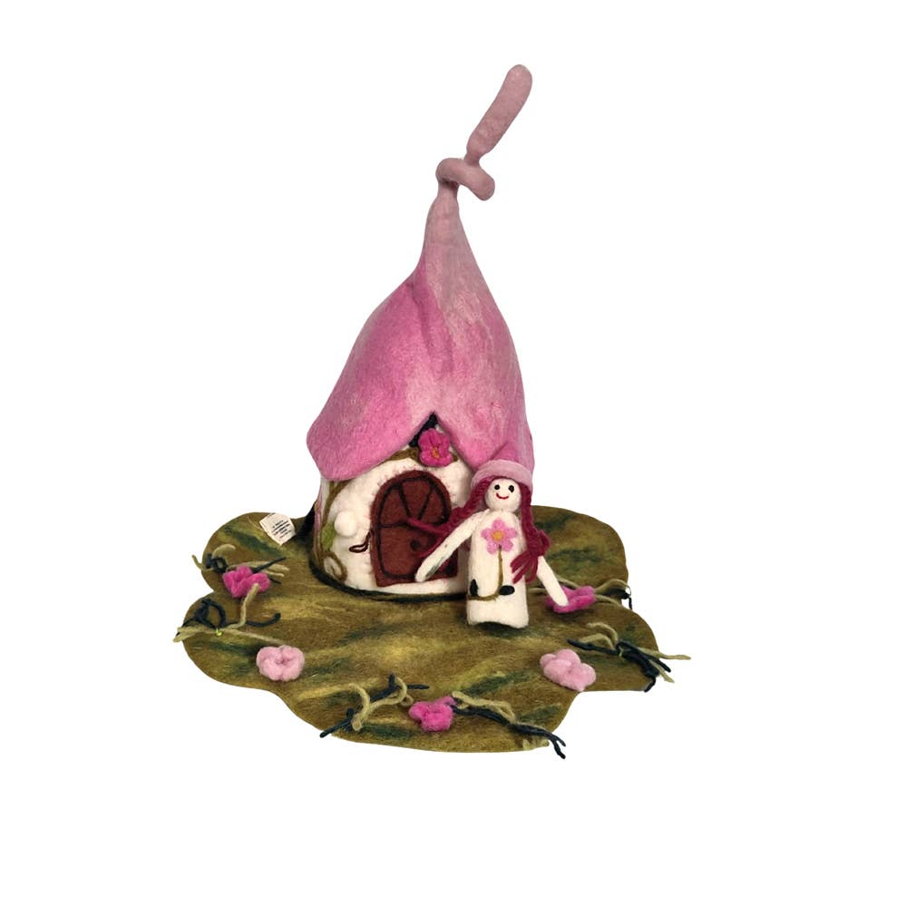 Felt Pink fairy house with fairy