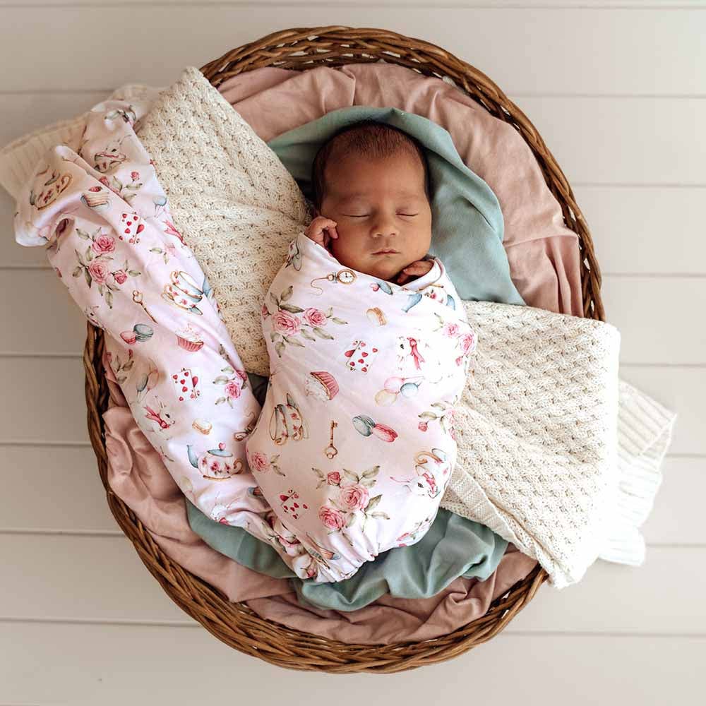 Snuggle Hunny - Alice’s Tea Party Organic Jersey Wrap & Topknot Set