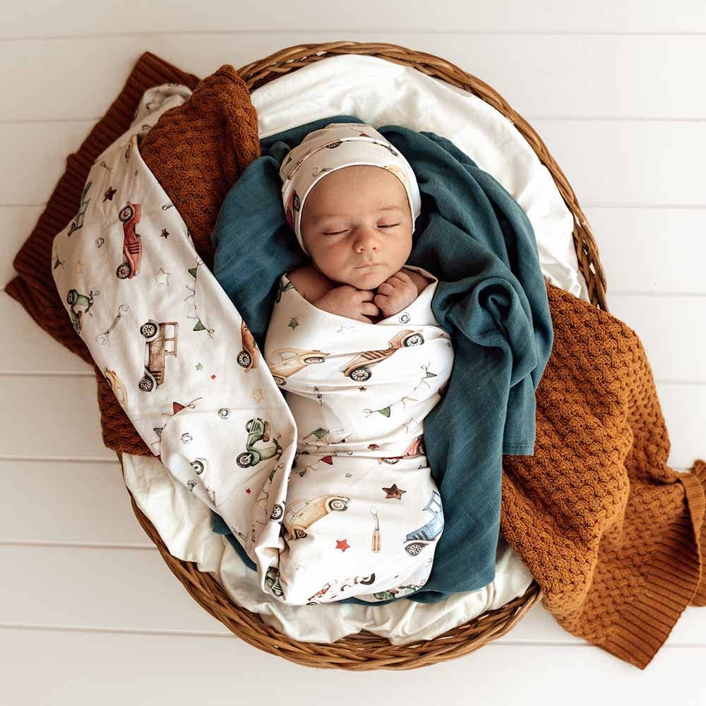 Snuggle Hunny - Vintage Cars Organic Jersey Wrap & Beanie Set