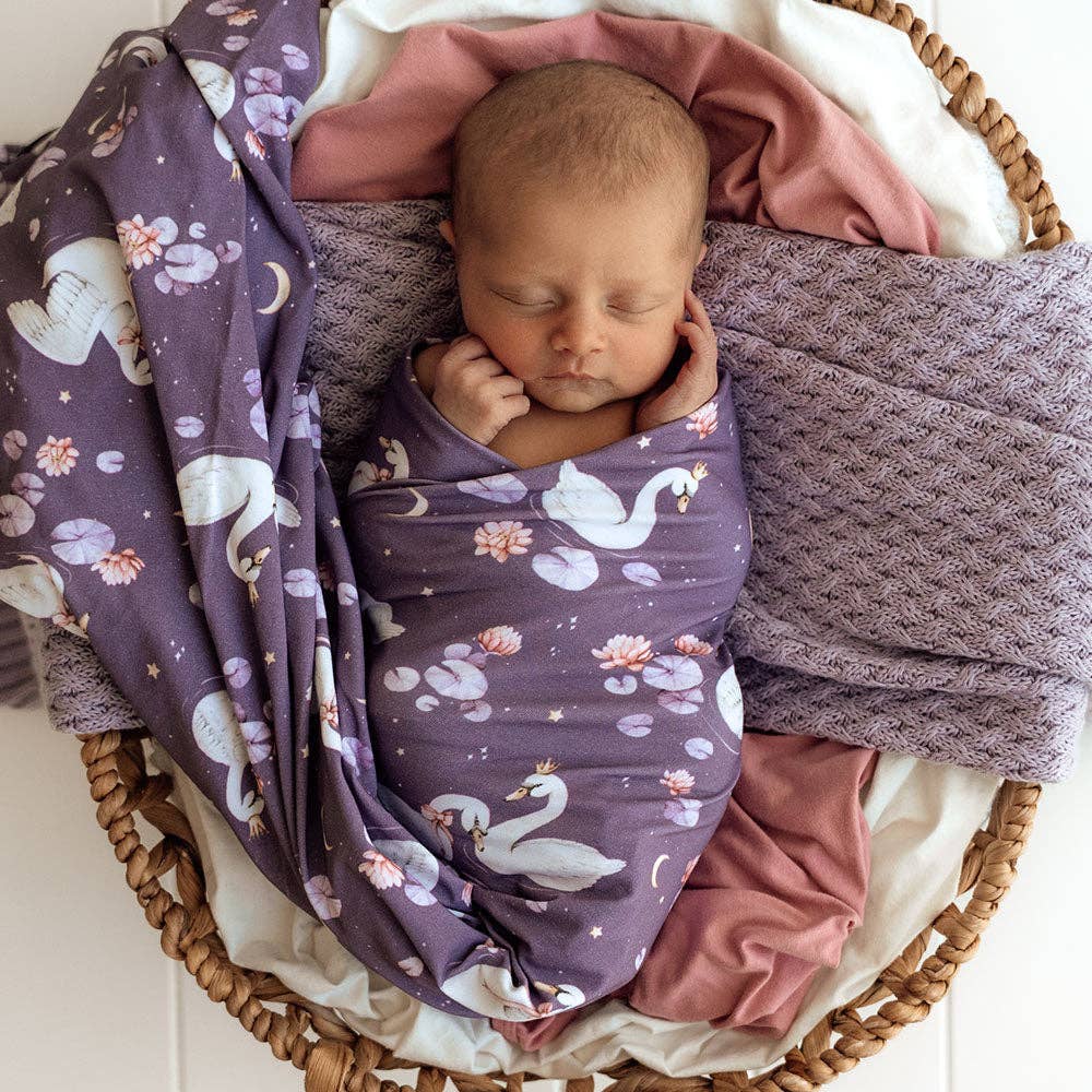 Snuggle Hunny - Midnight Swan Organic Jersey Wrap & Topknot Set