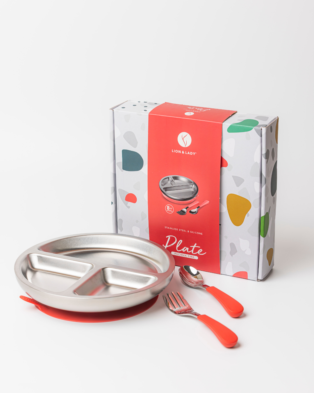 Lion & Lady - Stainless Toddler Plate with silicone suction base + spoon and fork
