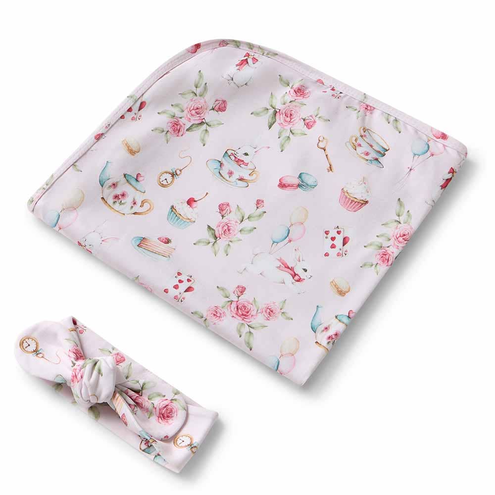 Snuggle Hunny - Alice’s Tea Party Organic Jersey Wrap & Topknot Set