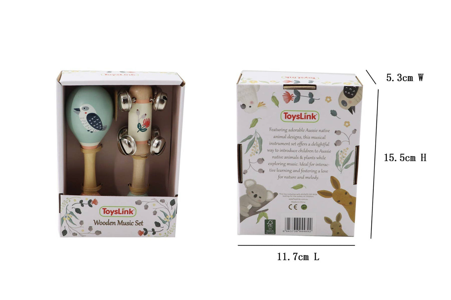 Wooden Kookaburra Maraca & Waratah Jingle Stick Musical Set