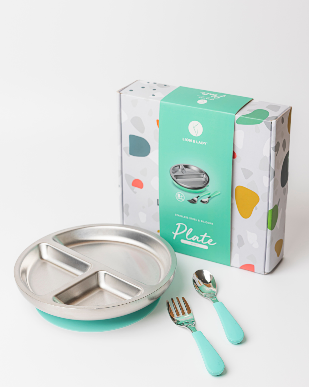 Lion & Lady - Stainless Toddler Plate with silicone suction base + spoon and fork