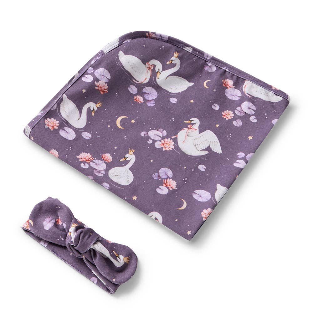 Snuggle Hunny - Midnight Swan Organic Jersey Wrap & Topknot Set