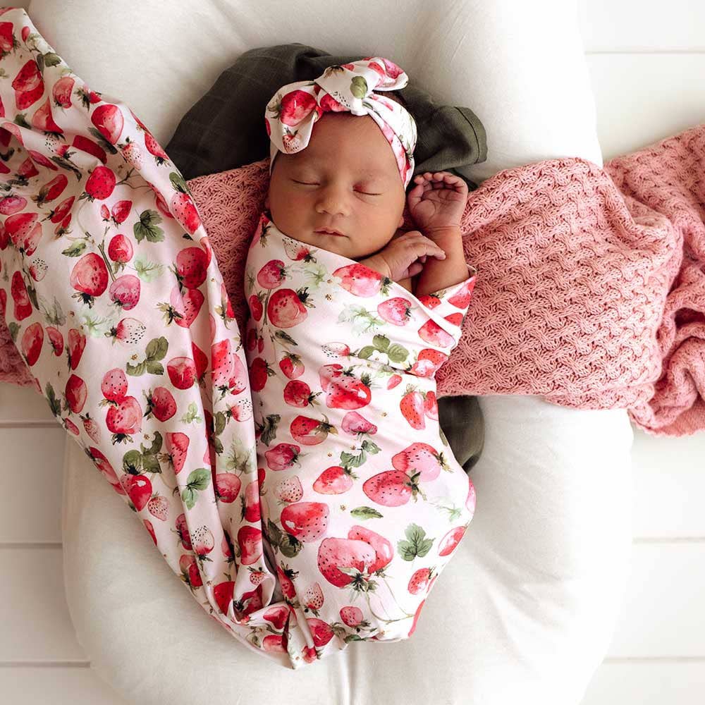 Snuggle Hunny - Strawberry Organic Jersey Wrap & Topknot Set