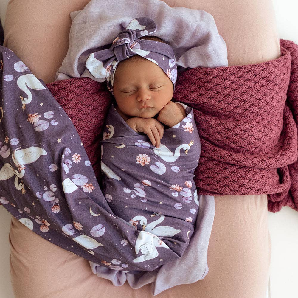 Snuggle Hunny - Midnight Swan Organic Jersey Wrap & Topknot Set