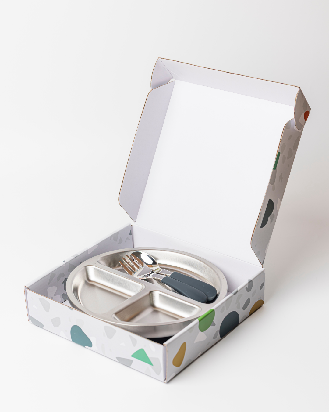 Lion & Lady - Stainless Toddler Plate with silicone suction base + spoon and fork