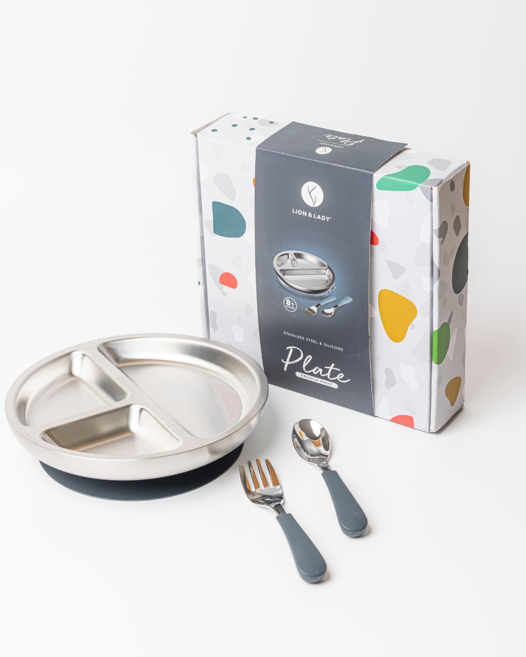 Lion & Lady - Stainless Toddler Plate with silicone suction base + spoon and fork