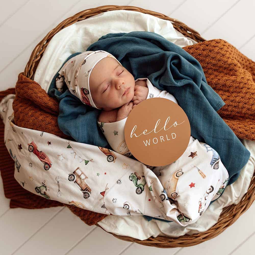 Snuggle Hunny - Vintage Cars Organic Jersey Wrap & Beanie Set