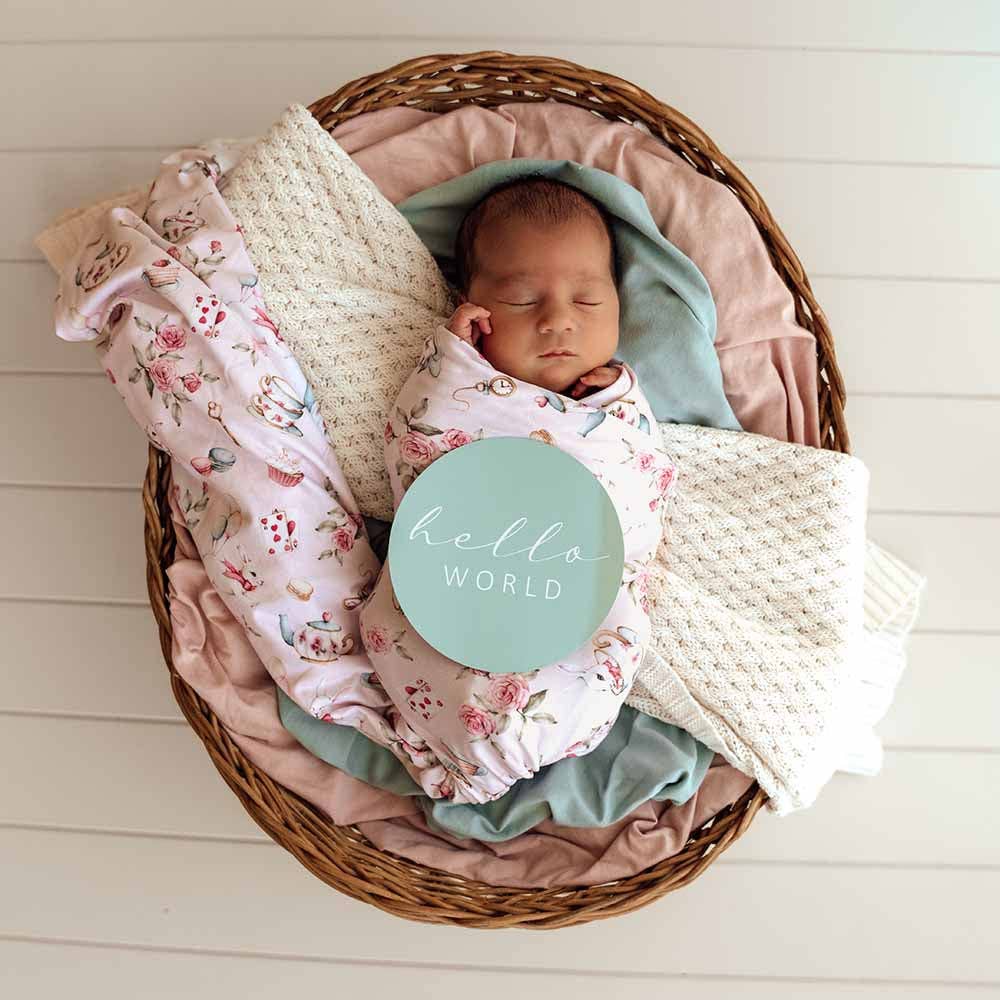 Snuggle Hunny - Alice’s Tea Party Organic Jersey Wrap & Topknot Set