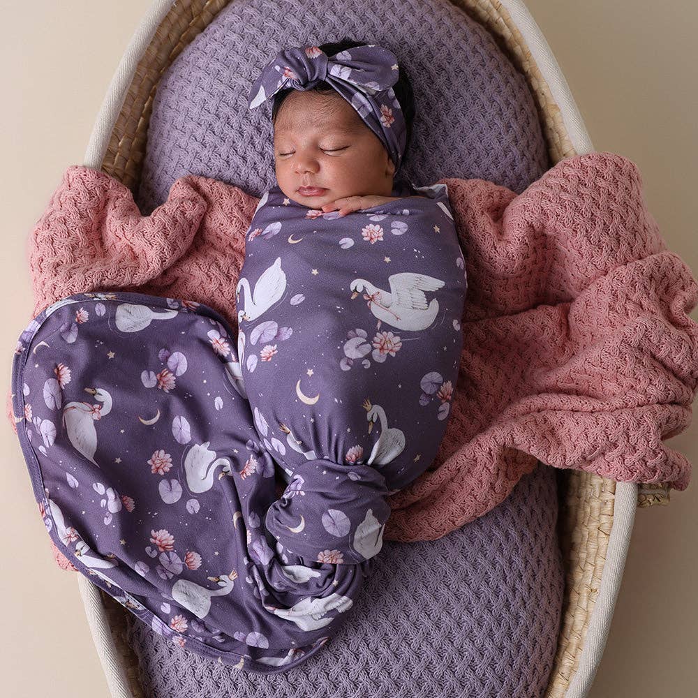 Snuggle Hunny - Midnight Swan Organic Jersey Wrap & Topknot Set