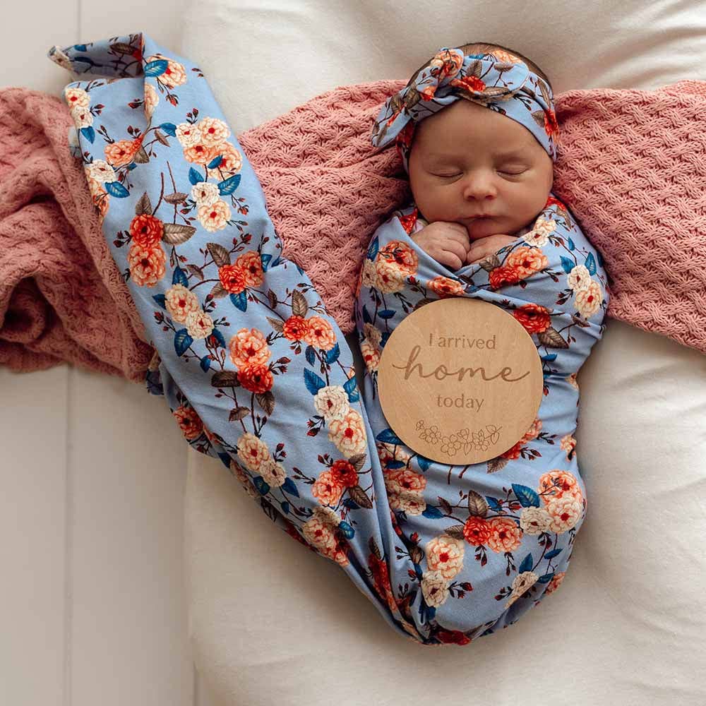 Snuggle Hunny - Vintage Blossom Organic Jersey Wrap & Topknot Set