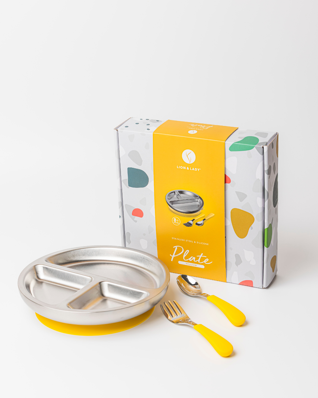 Lion & Lady - Stainless Toddler Plate with silicone suction base + spoon and fork