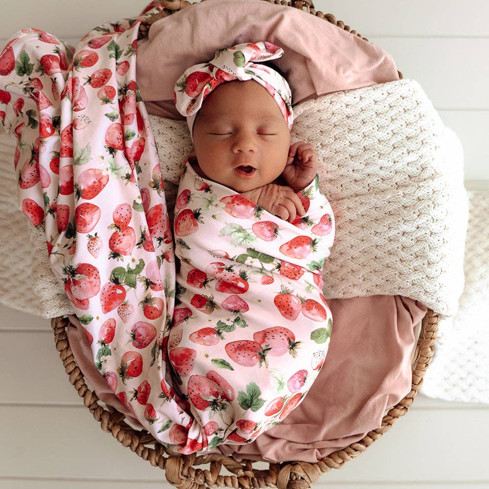 Snuggle Hunny - Strawberry Organic Jersey Wrap & Topknot Set