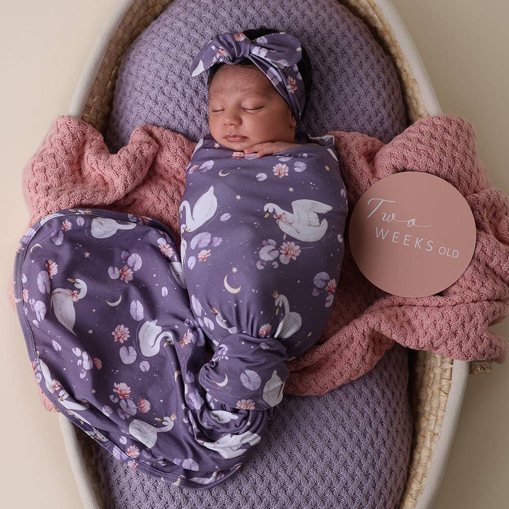 Snuggle Hunny - Midnight Swan Organic Jersey Wrap & Topknot Set