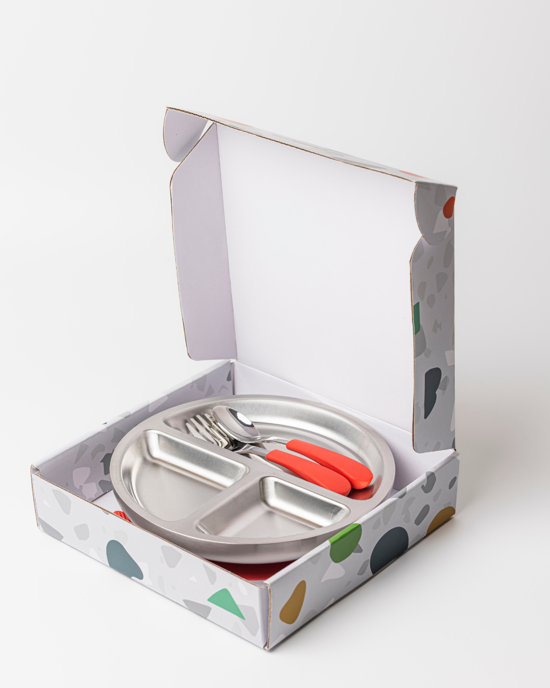Lion & Lady - Stainless Toddler Plate with silicone suction base + spoon and fork