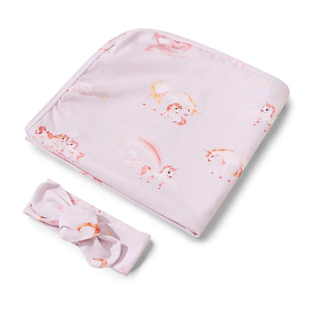 Stretch Cotton Baby Wrap & Topknot Set - Unicorn