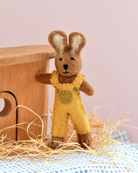 Felt Brown Hare Rabbit with Yellow Overalls
