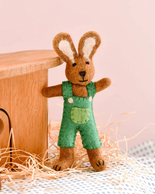 Felt Brown Hare Rabbit with Green Overalls