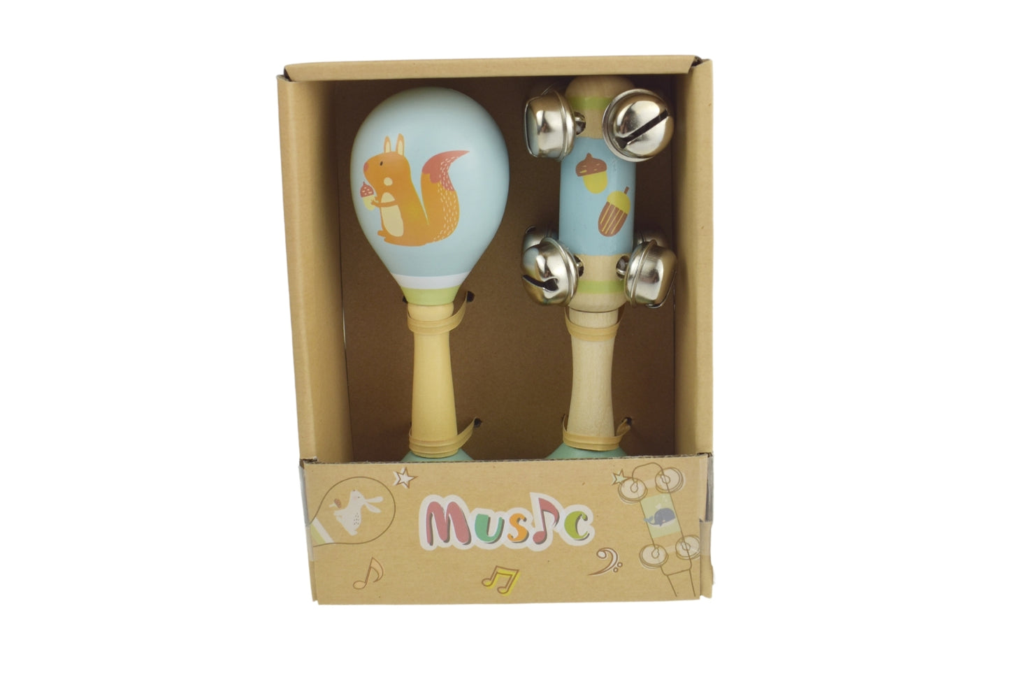 Calm & Breezy Woodland Squirrel Wooden Maraca & Bell Stick Set