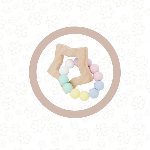 PETITE VOUS - Star Silicone + Beechwood Teether Rings (Pastel Rainbow)