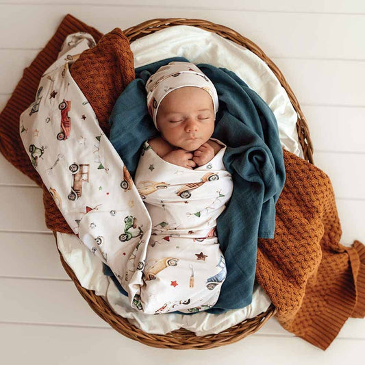 Snuggle Hunny - Vintage Cars Organic Jersey Wrap & Beanie Set