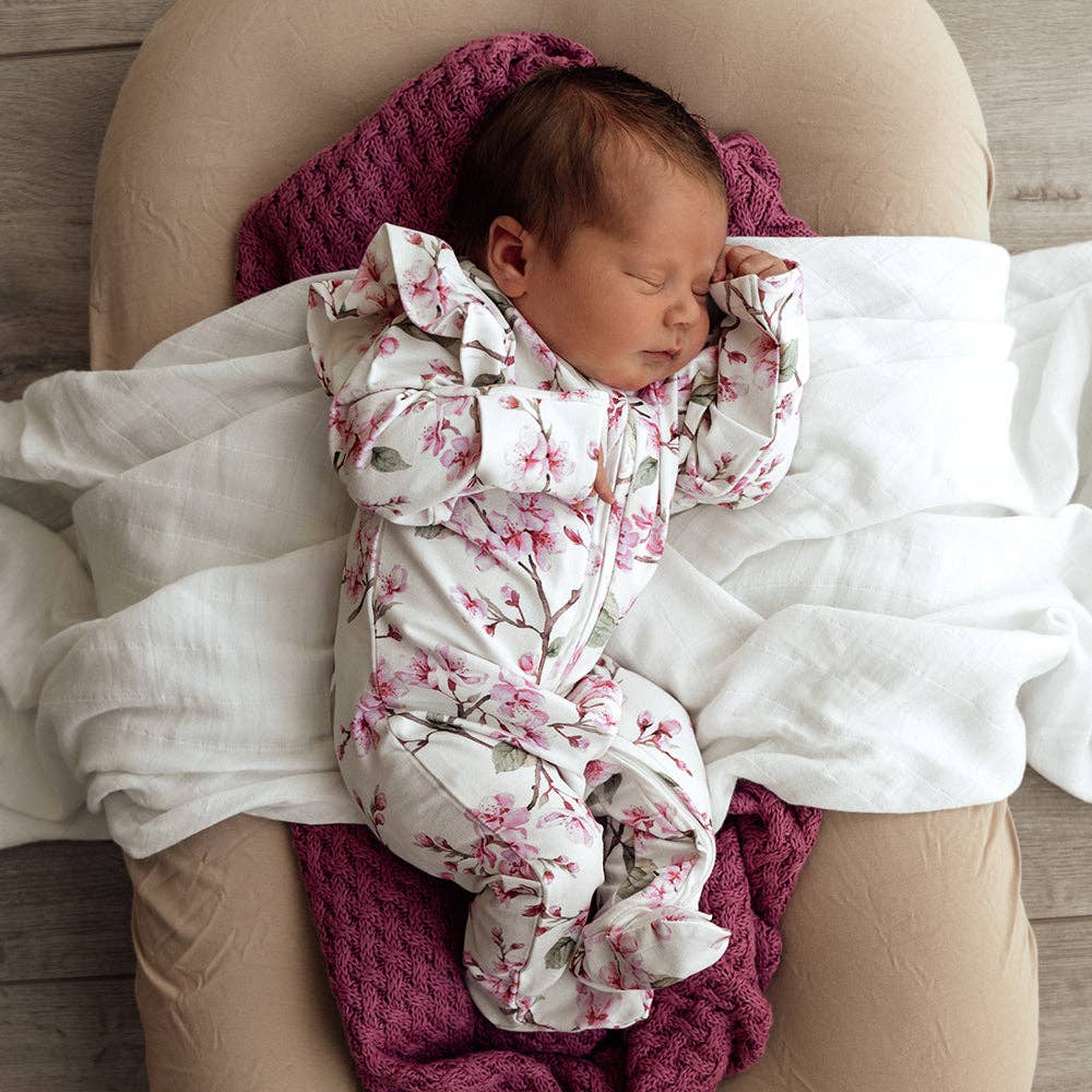 Snuggle Hunny - Cherry Blossom Organic Snuggle Sleepsuit Zip Footie with Frill