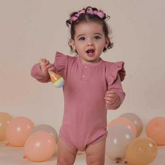 Snuggle Hunny - Jewel Pink Rib Long Sleeve Organic Bodysuit with Frill