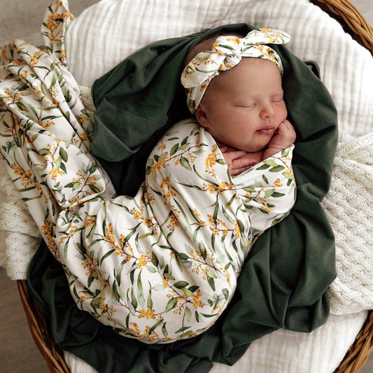 Snuggle Hunny - Golden Wattle Organic Jersey Wrap & Topknot Set