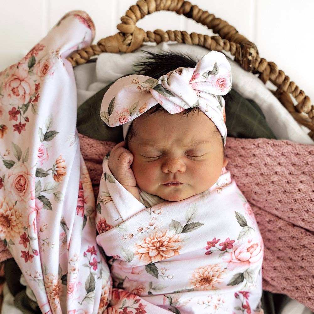 Snuggle Hunny - Birds & Blooms Organic Jersey Wrap & Topknot Set