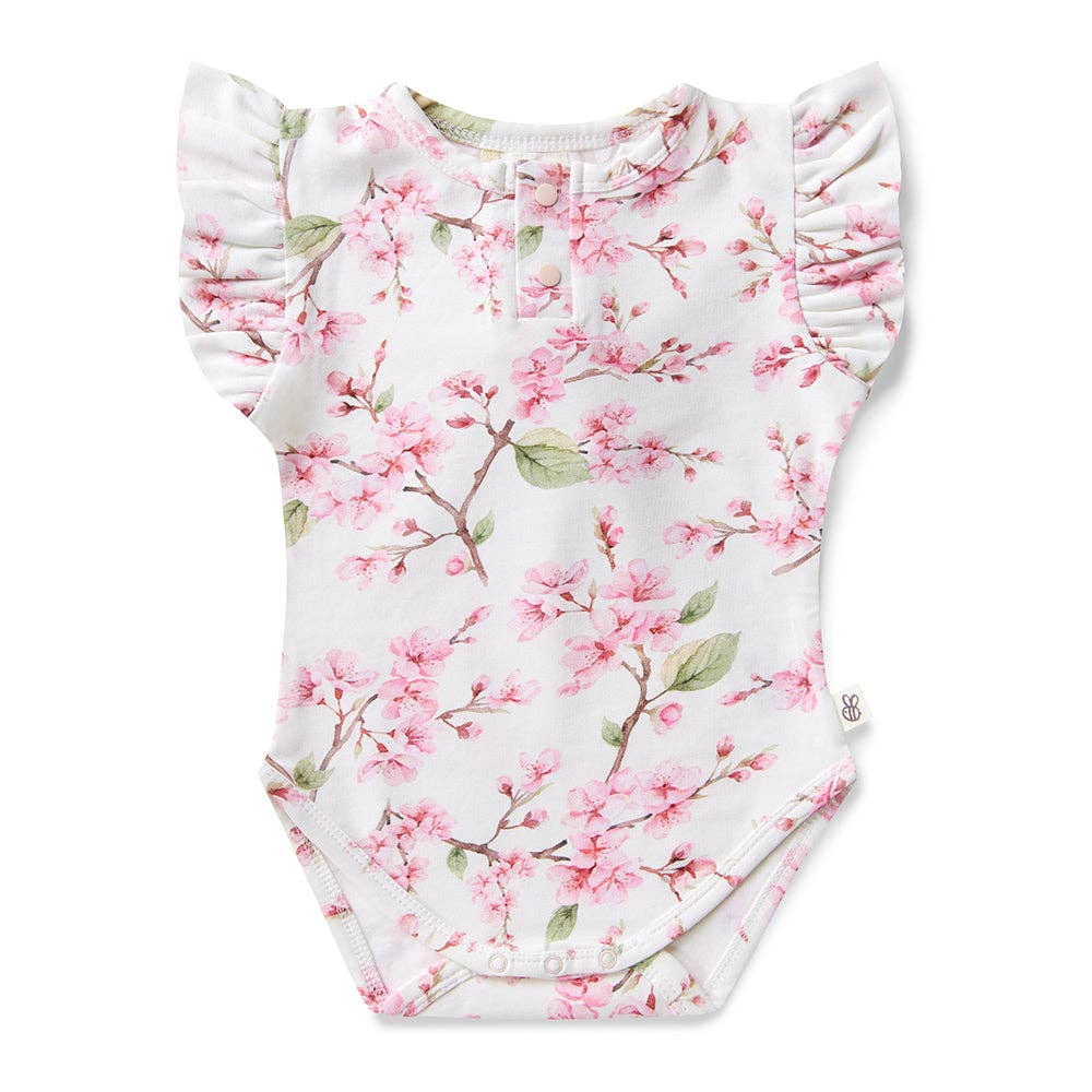 Snuggle Hunny - Cherry Blossom Short Sleeve Organic Bodysuit with Frill
