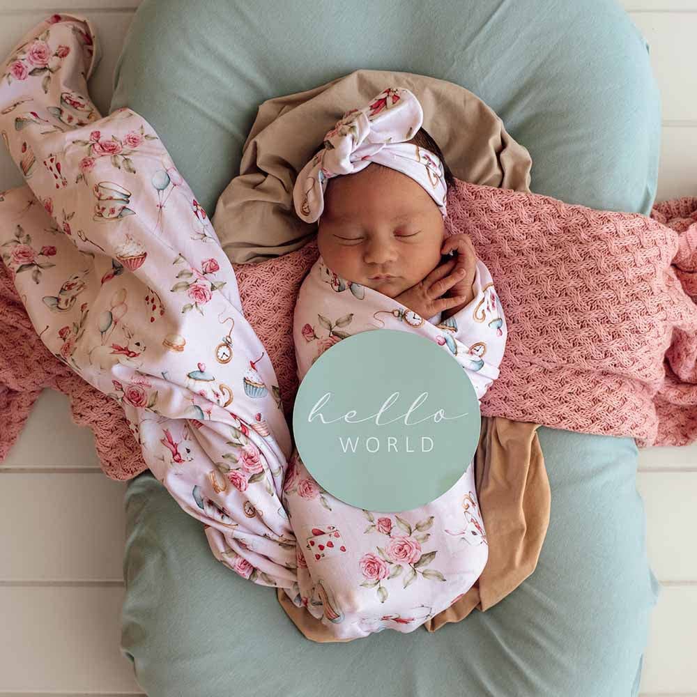 Snuggle Hunny - Alice’s Tea Party Organic Jersey Wrap & Topknot Set