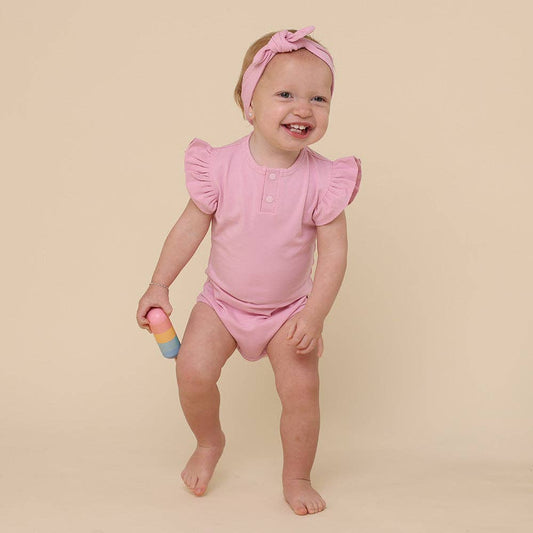 Snuggle Hunny - Bubblegum Short Sleeve Organic Bodysuit with Frill - Bambam Kids Toys 