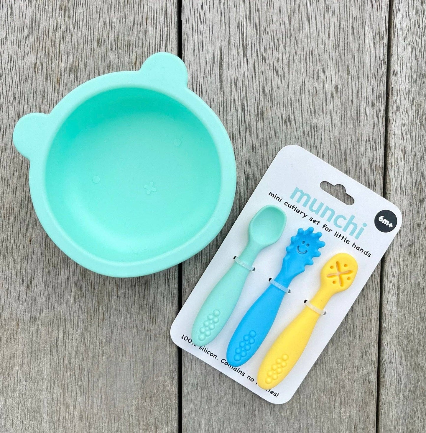 munchi - Bear Suction Bowl and Mini Cutlery Set - Mint/Blue