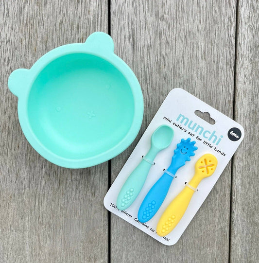 munchi - Bear Suction Bowl and Mini Cutlery Set - Mint/Blue