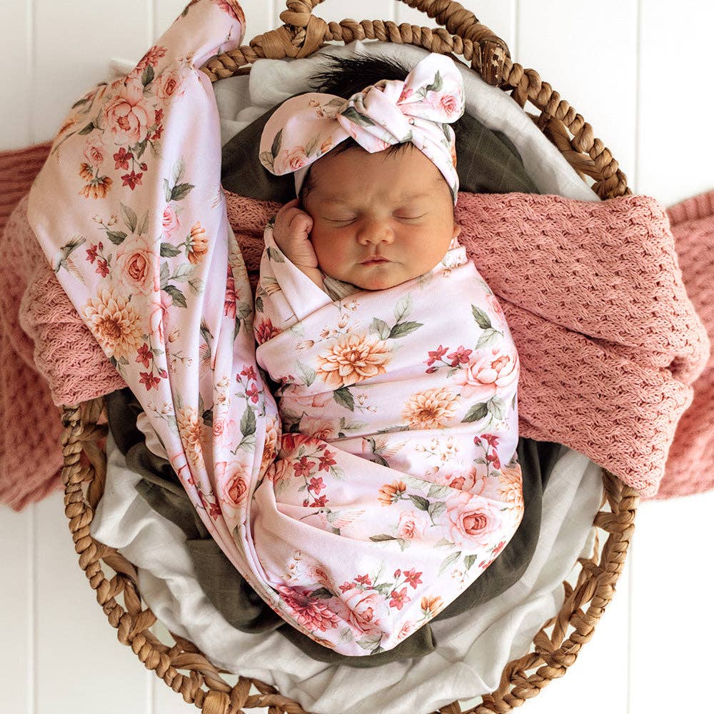 Snuggle Hunny - Birds & Blooms Organic Jersey Wrap & Topknot Set