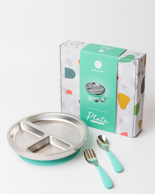 Lion & Lady - Stainless Toddler Plate with silicone suction base + spoon and fork