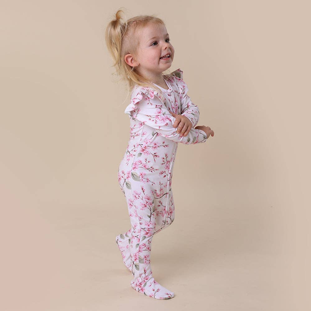 Snuggle Hunny - Cherry Blossom Organic Snuggle Sleepsuit Zip Footie with Frill
