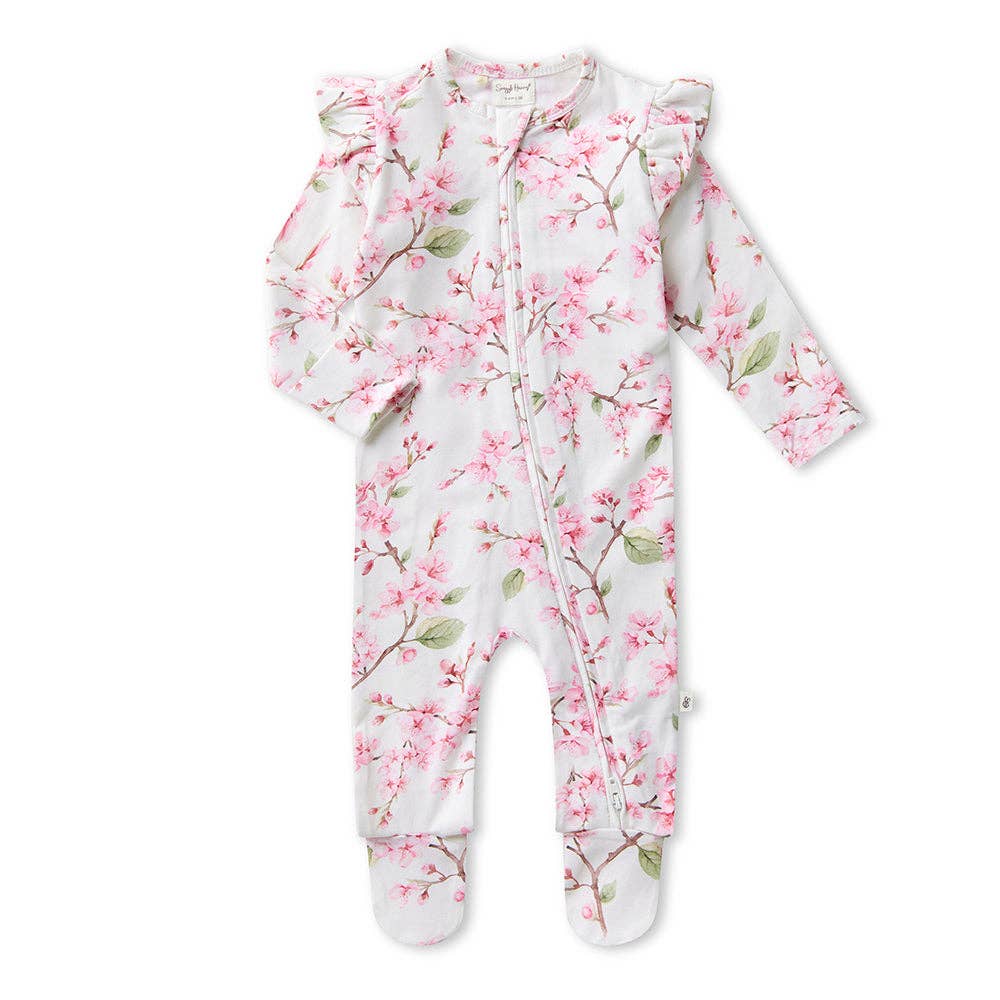 Snuggle Hunny - Cherry Blossom Organic Snuggle Sleepsuit Zip Footie with Frill