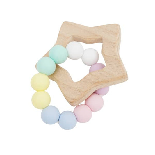 PETITE VOUS - Star Silicone + Beechwood Teether Rings (Pastel Rainbow)