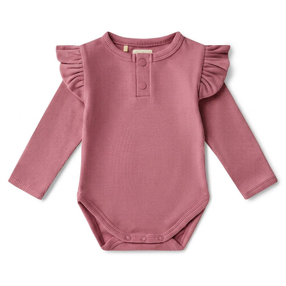 Snuggle Hunny - Jewel Pink Rib Long Sleeve Organic Bodysuit with Frill