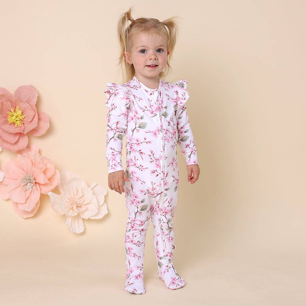 Snuggle Hunny - Cherry Blossom Organic Snuggle Sleepsuit Zip Footie with Frill