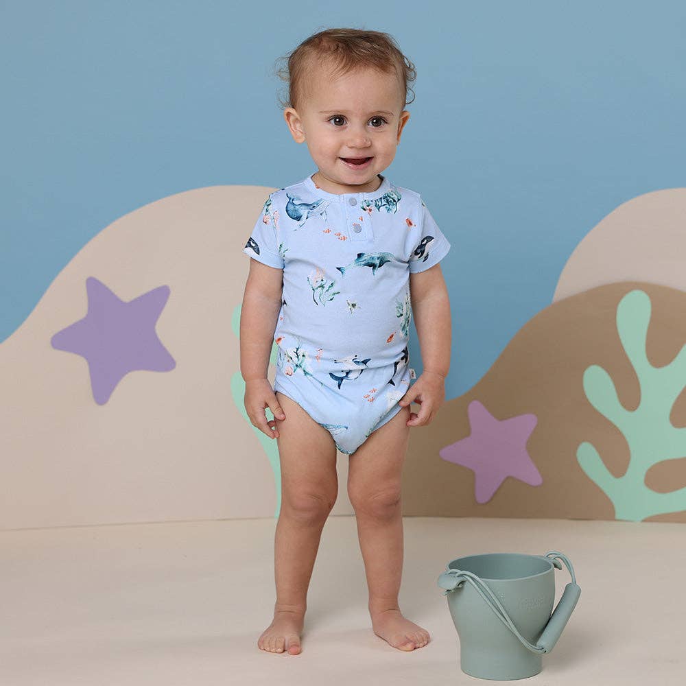 Snuggle Hunny - Blue Ocean Short Sleeve Organic Bodysuit