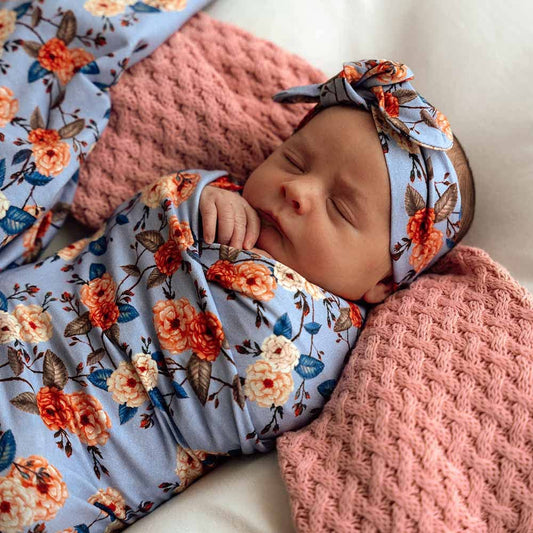 Snuggle Hunny - Vintage Blossom Organic Jersey Wrap & Topknot Set
