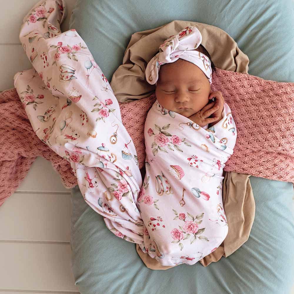 Snuggle Hunny - Alice’s Tea Party Organic Jersey Wrap & Topknot Set