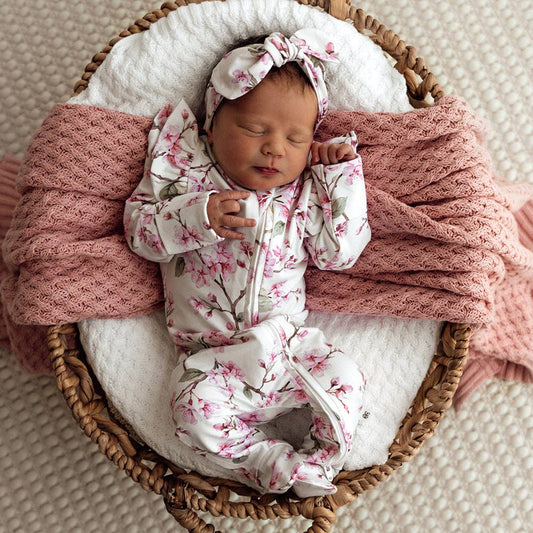 Snuggle Hunny - Cherry Blossom Organic Snuggle Sleepsuit Zip Footie with Frill
