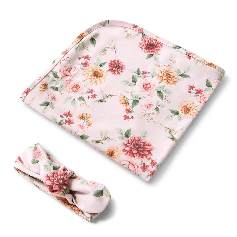 Snuggle Hunny - Birds & Blooms Organic Jersey Wrap & Topknot Set