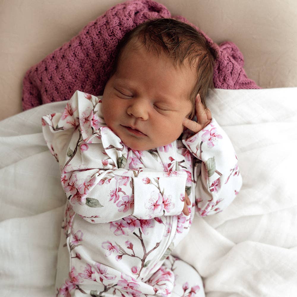 Snuggle Hunny - Cherry Blossom Organic Snuggle Sleepsuit Zip Footie with Frill
